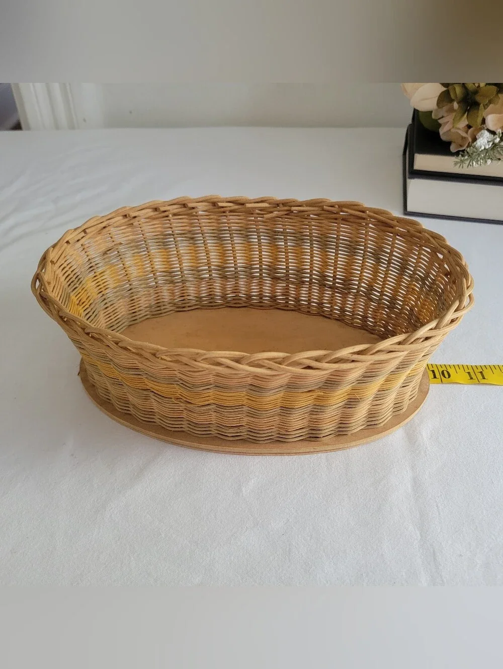 Vintage Hand Woven Striped Wicker Rattan Oval Basket 1940 Storage- Natural